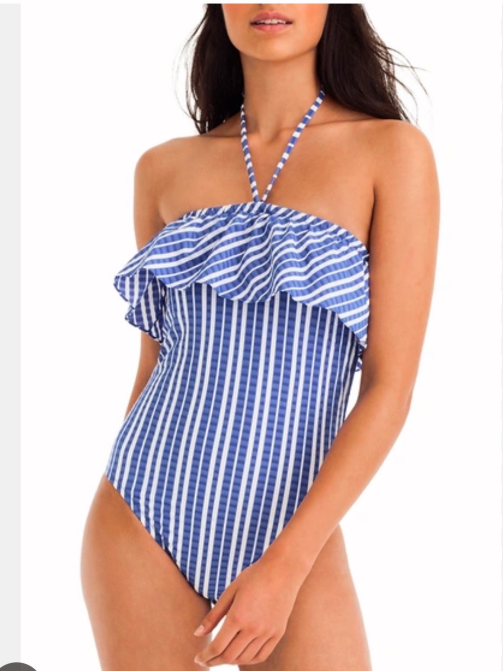 J. Crew Puckered Stripe Ruffle One-Piece Swimsuit in Cobalt Sea Ivory US 14